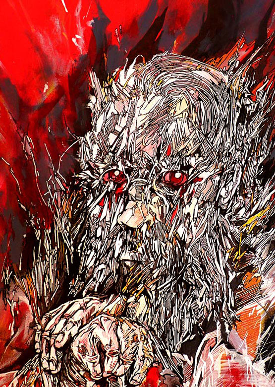 toiles 2010 a draw on canvas of an old man with red background