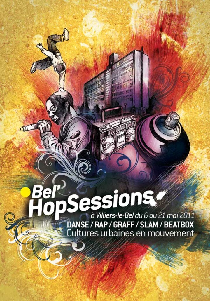 a poster made by alex kanos for villiers-le-bel belhopsession festival
