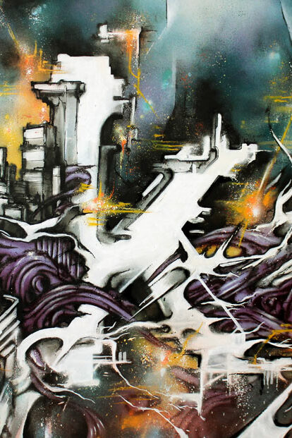 A Canvas made by Alex KAnos a canvas painted by alex kanos with a K and urban elements