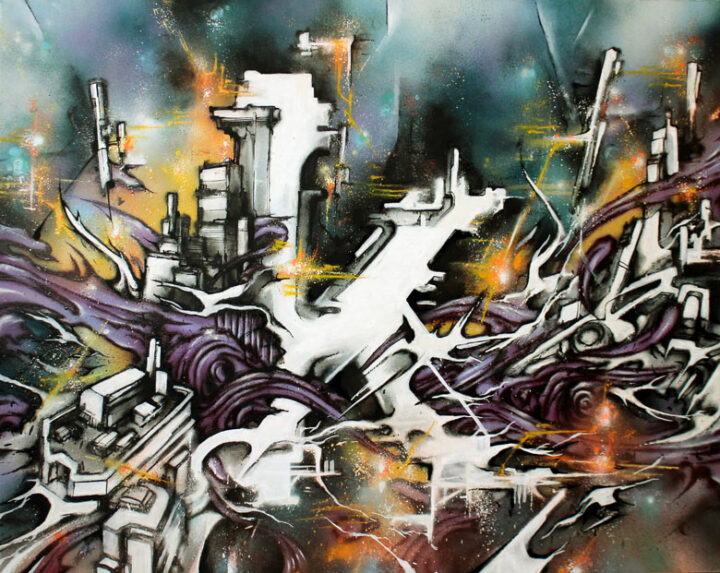 artaq street art award a canvas painted by alex kanos with a K and urban elements