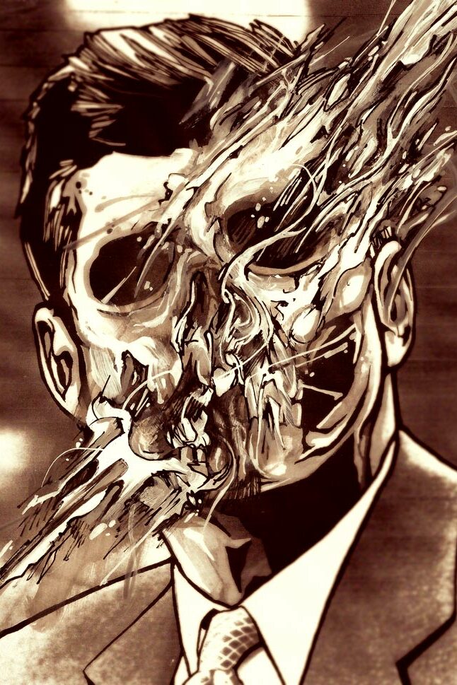 A dead portrait of John Fitzerald kennedy by alex kanos kennedy with a skule face