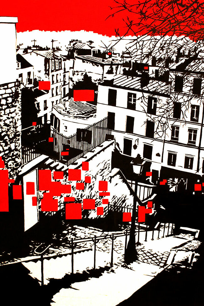 A canvas made by Alex Kanos with sign to recompose city a canvas representing streets of paris