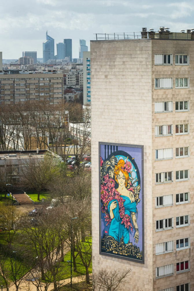 A Street Art Mural paint by Alex Kanos in Genevilliers a huge mural with a feminine character tribute to mucha with cyberpunk elements
