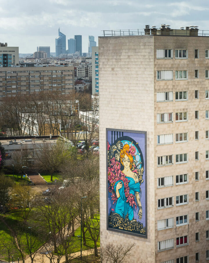 barricade a huge mural with a feminine character tribute to mucha with cyberpunk elements