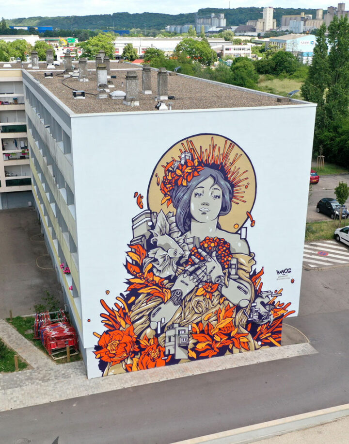 Catherine a mural street art paint in metz shot by drone