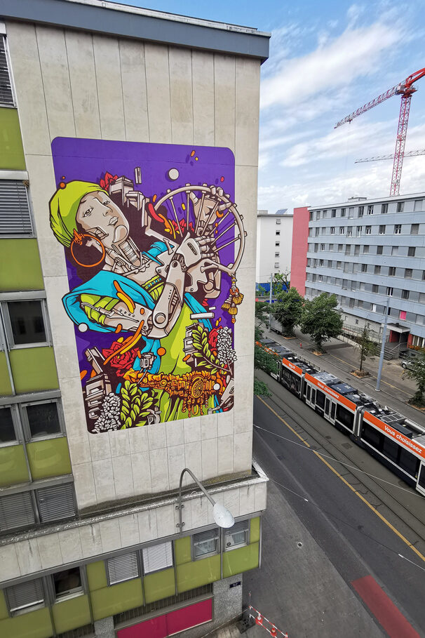 a Street Art Mural painted by Alex Kanos in Acacias Geneva A huge mural in Geneva made by alex kanos