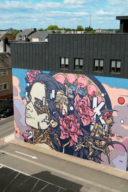 A Street Art Mural paint by Alex Kanos in Aubange a street art mural made by alex kanos in aubange belgium representing a woman with mechanical parts and flowers, view by drone