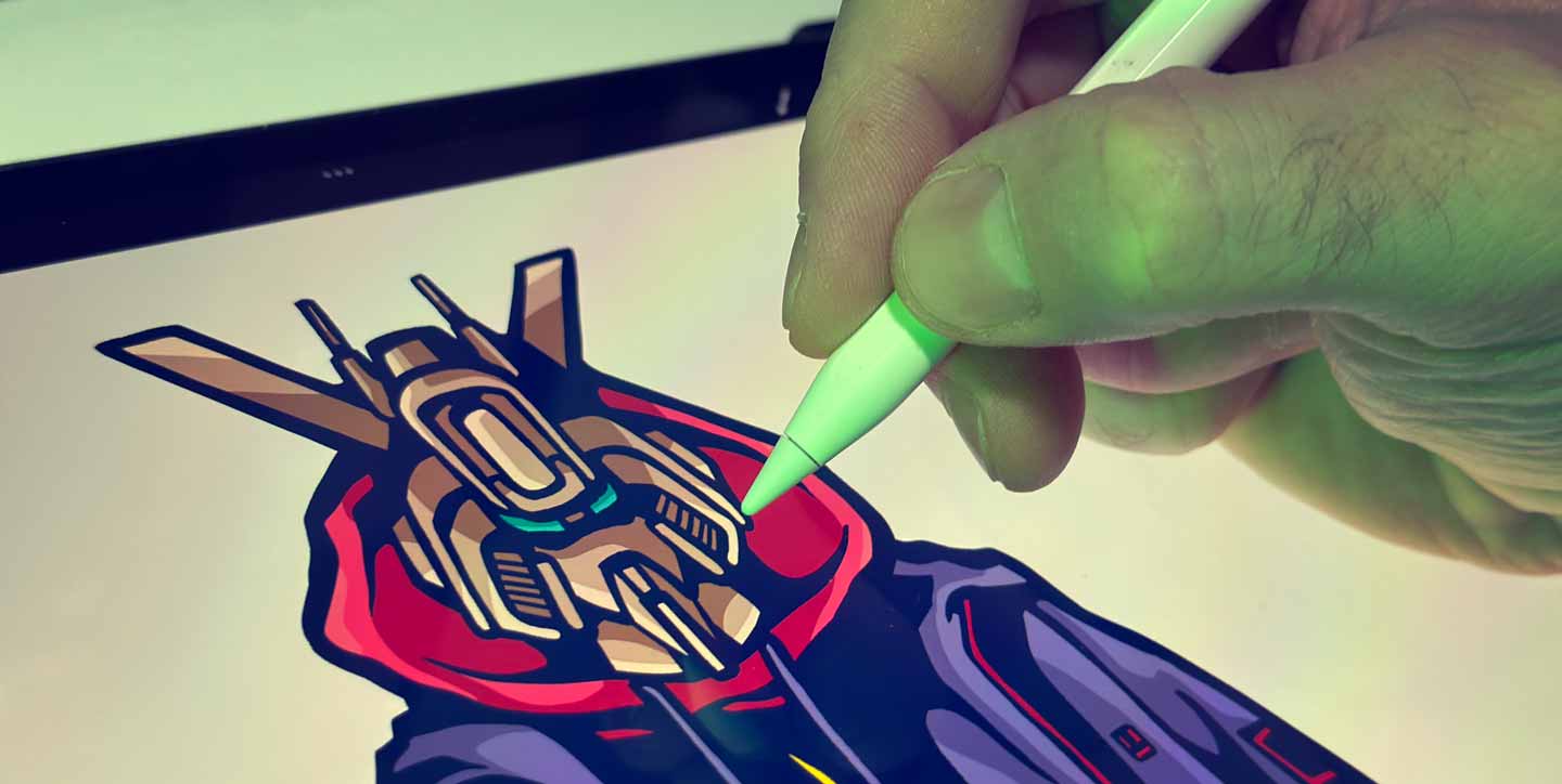 drawing-cyberpunk-robot-illustration Alex Kanos drawing a cyberpunk robot illustration on a digital tablet