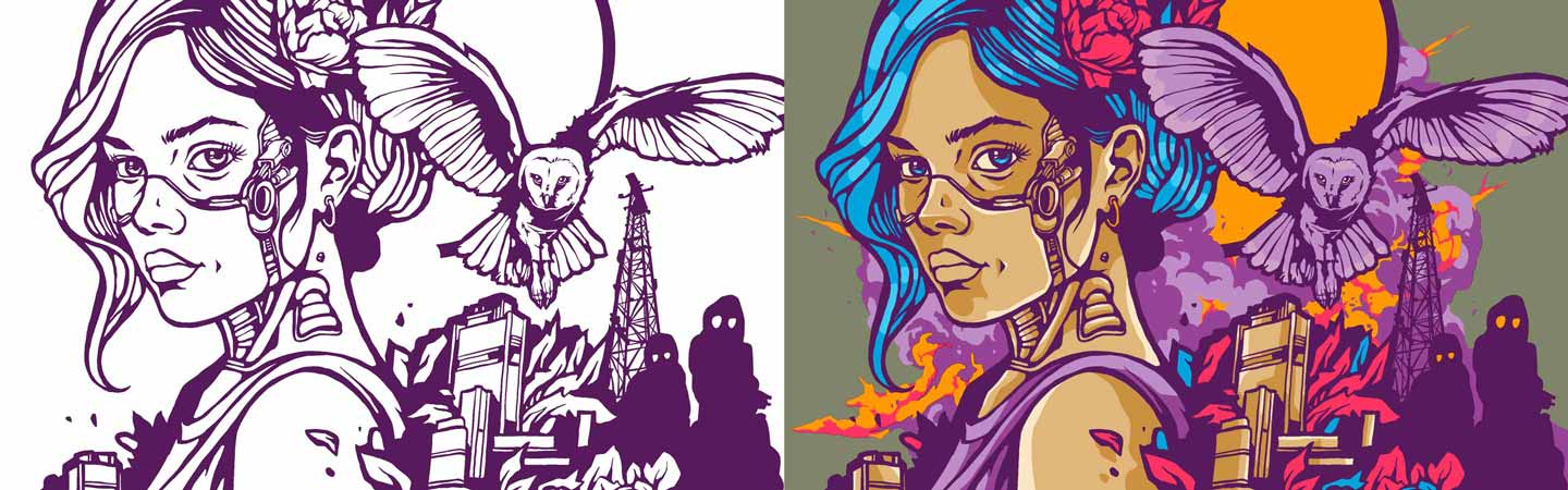 UVB76-Installation-CrHOME-Forbach-sketch-1 UVB76 sketch of a cyberpunk mural with female survivor and Owl of Minerva by Alex Kanos in color and black and white