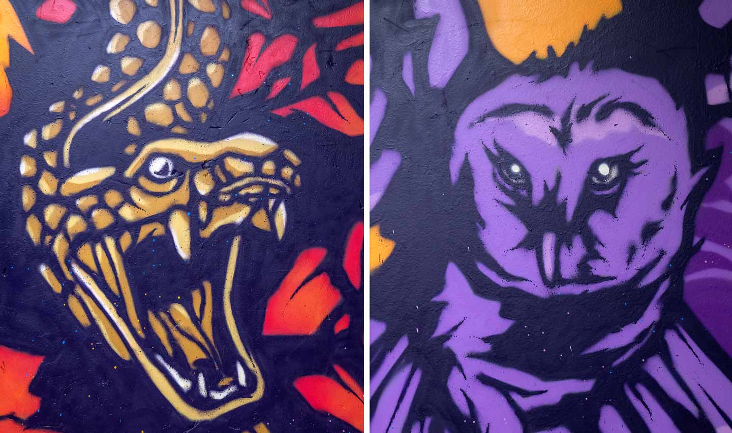 UVB76-Installation-Forbach-snake-owl UVB76 close up on serpent mural symbolizing destruction and rebirth and owl symbolizing wisdom