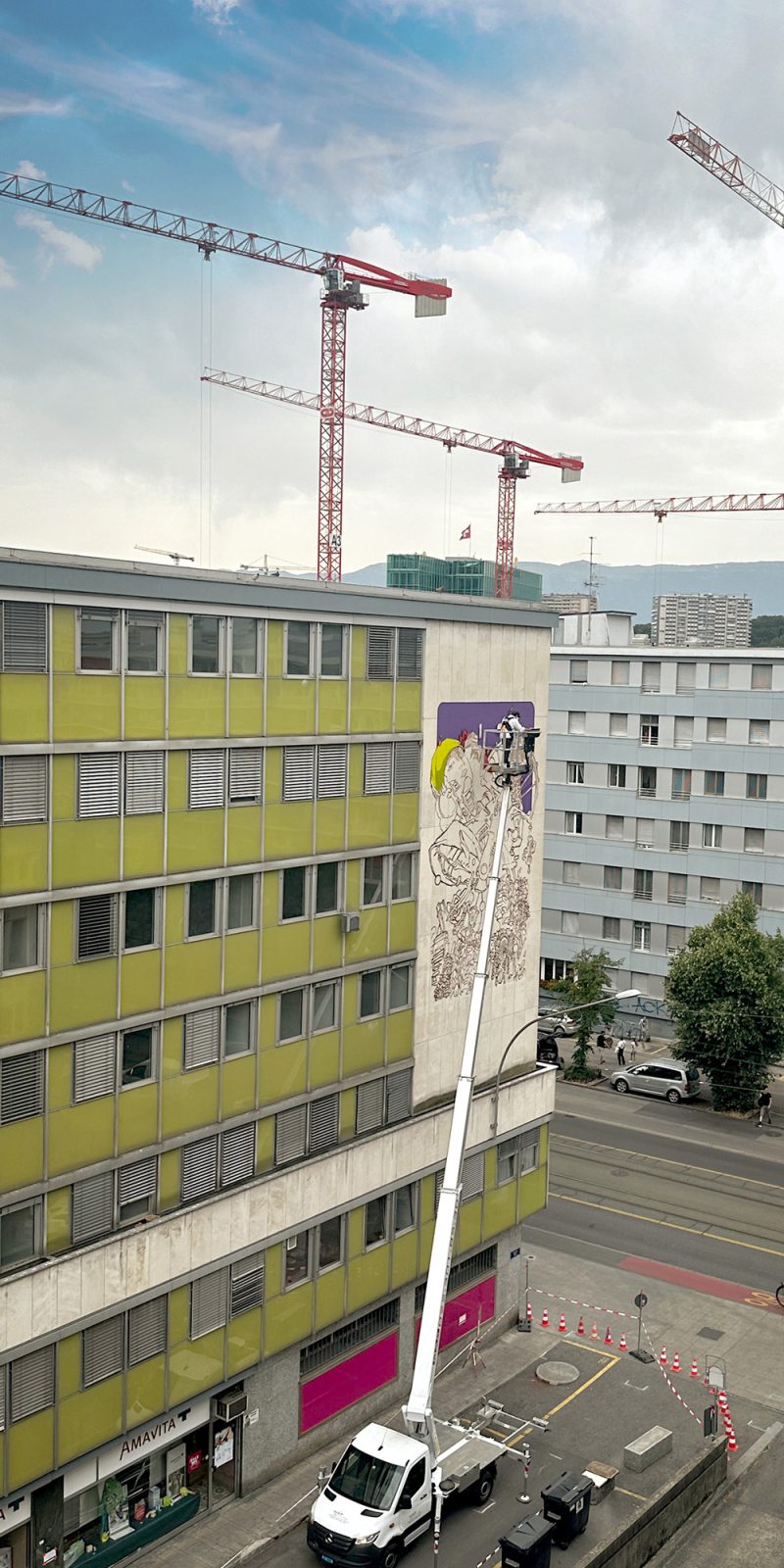 How does it work hiring me? 2 a Street Art Mural painted by Alex Kanos in Acacias Geneva