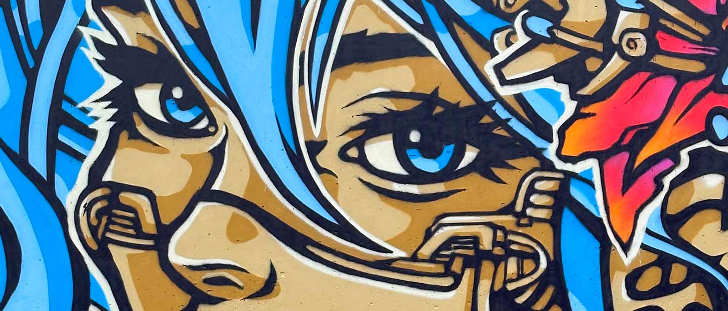 close up Cyberpunk woman mural painted during Street Art Festival in Vejle Denmark