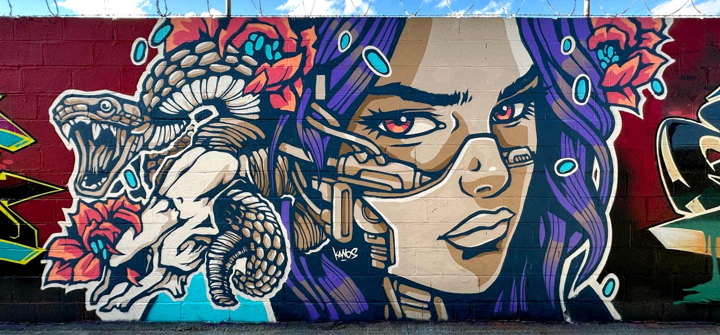 Street art mural painted in El Paso, Texas during The Road Warriors 2025 by Alex Kanos
