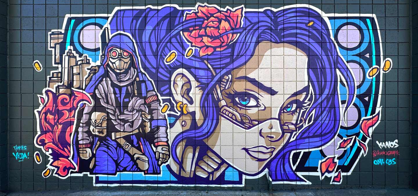 Street art mural in Los Angeles created during The Road Warriors 2025 USA road trip