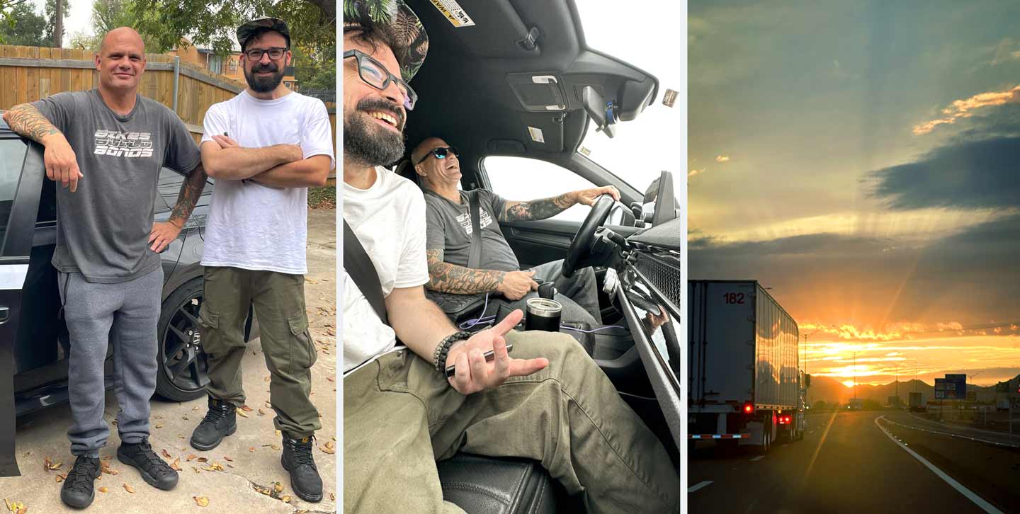 Departure of The Road Warriors 2025 road trip from Austin Texas with Sloke and Alex Kanos