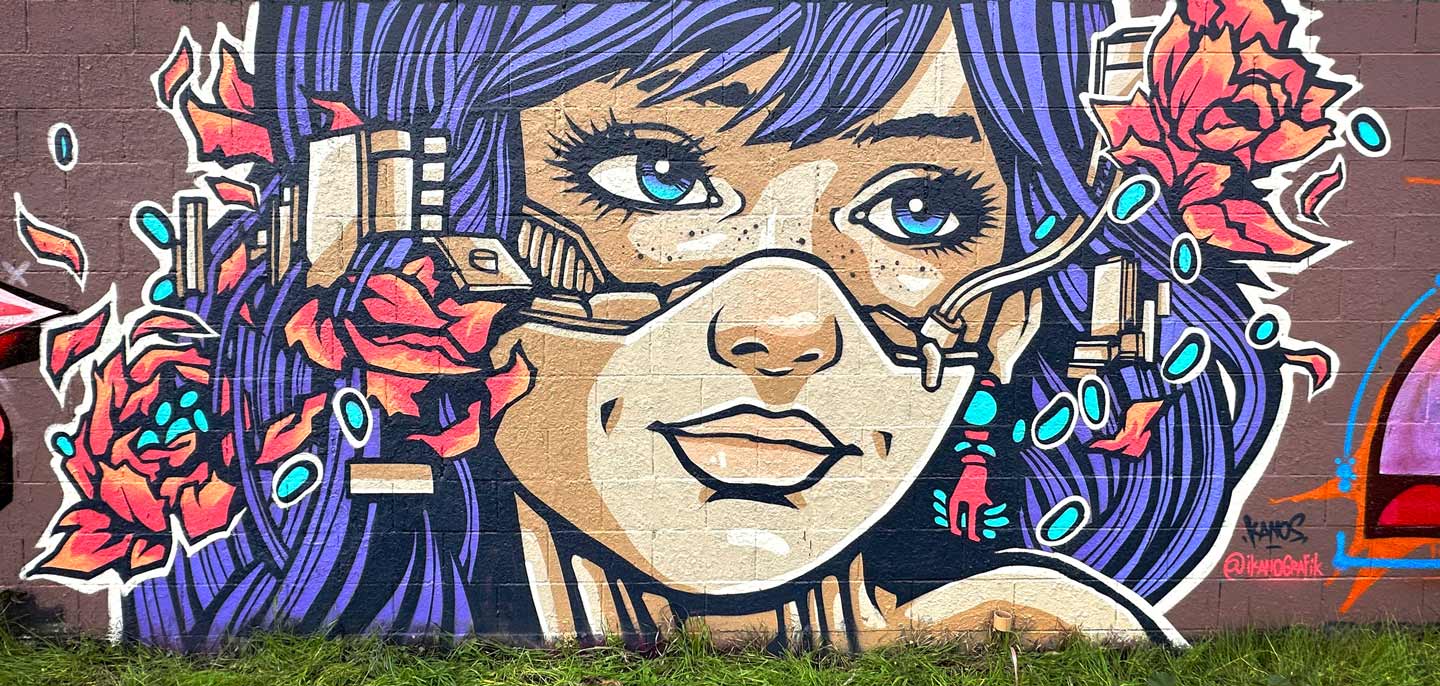 Urban art mural in San Francisco painted by Alex Kanos during The Road Warriors 2025