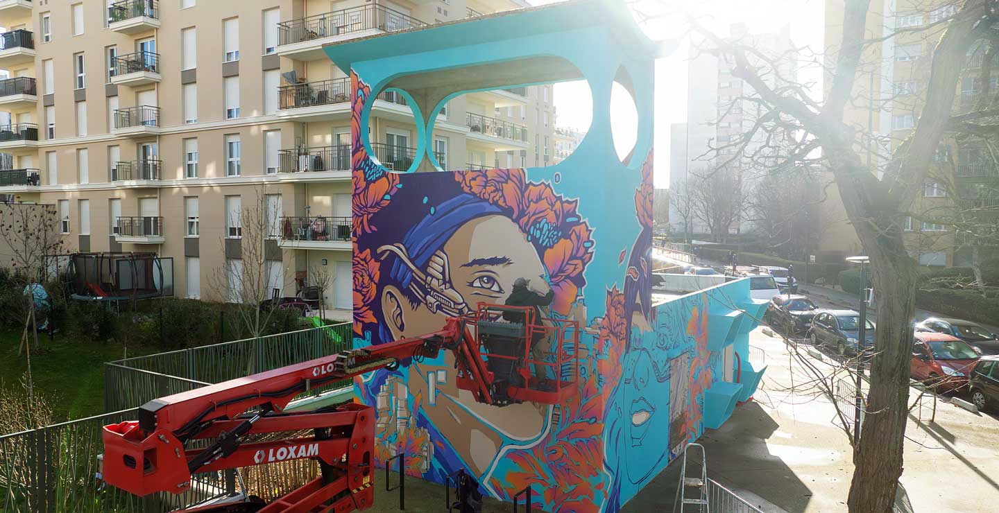 street-art-argenteuil-lumieres-mural-drone-work-progress-03 Drone view of the Lumières mural in progress in Argenteuil by Alex Kanos
