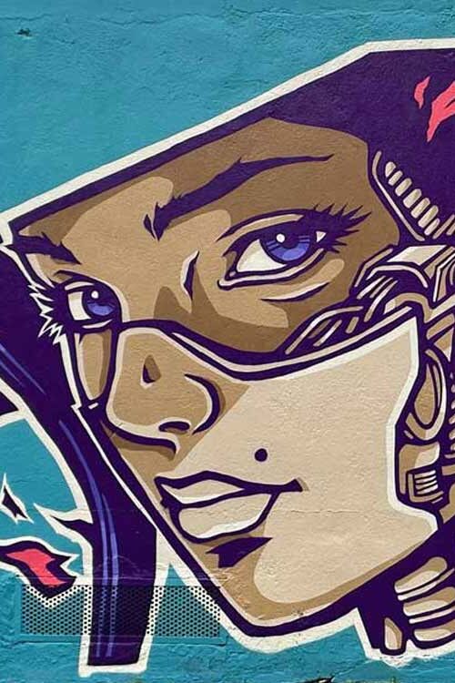 Cyberpunk inspired female figure street art mural on Gentilly conservatory