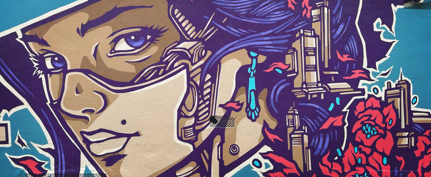 Close up on Street art mural at Gentilly Conservatory by Alex Kanos depicting cyberpunk female character