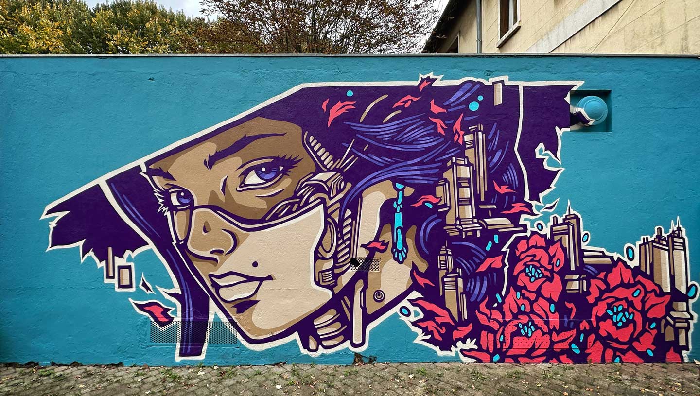 Street art mural at Conservatory of Gentilly by Alex Kanos depicting cyberpunk female character