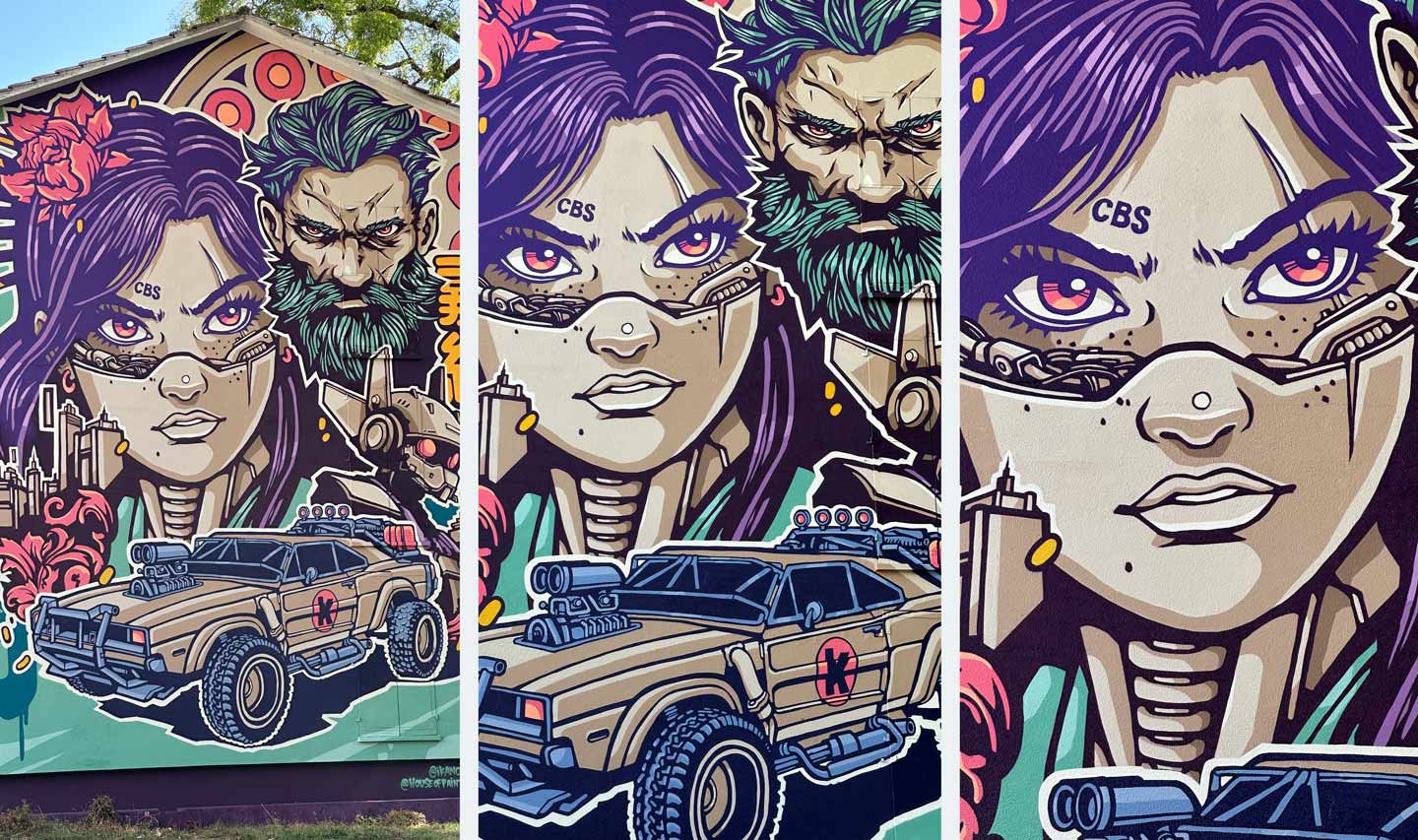 Close up of Valkyrie Sequel post apocalyptic mural painted by Alex Kanos Geneva