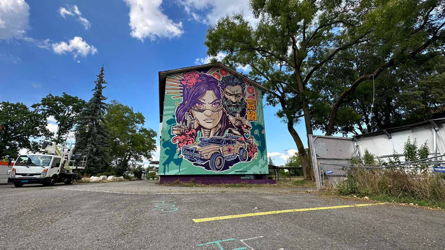 cyberpunk Valkyrie mural with robot sidekick in Geneva by Alex Kanos