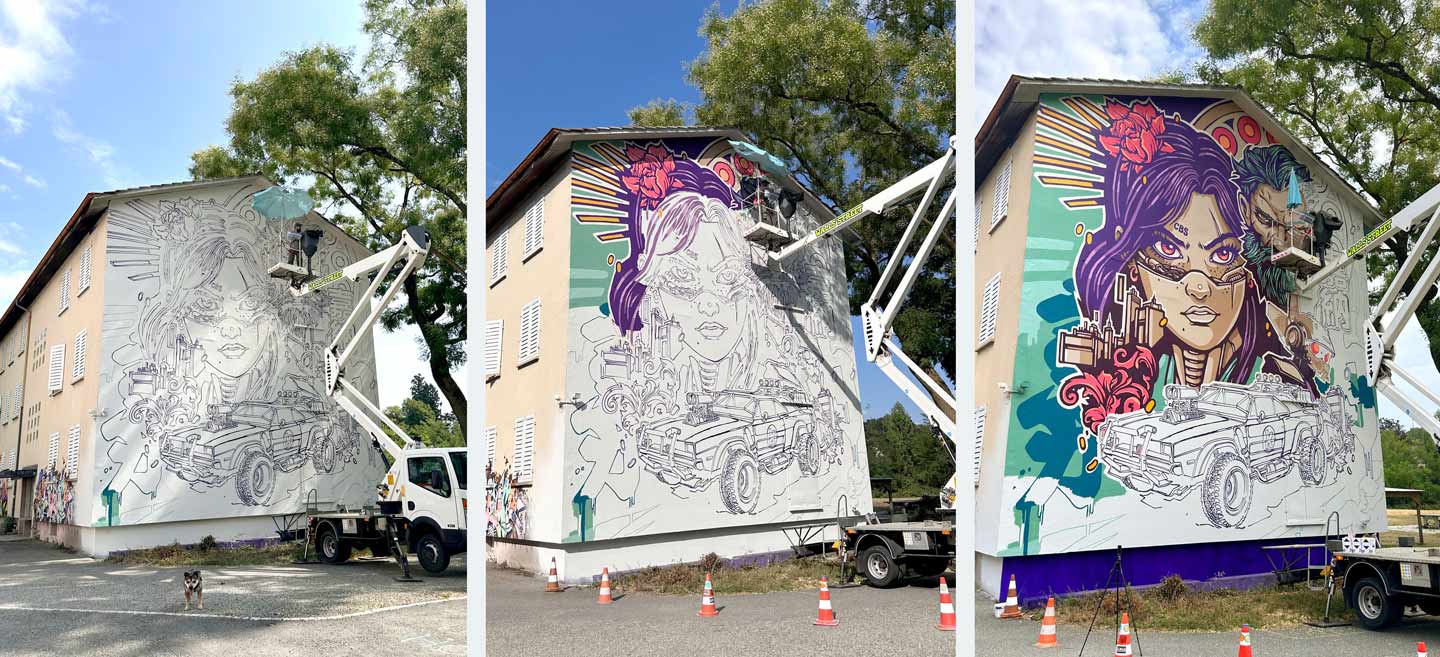 work in progress during cyberpunk Valkyrie mural with robot sidekick in Geneva by Alex Kanos